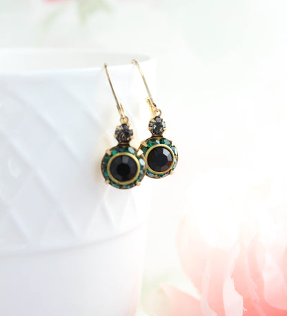 Art Deco Vintage Glass Earrings | Emerald Green & Jet Black