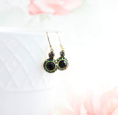 Art Deco Vintage Glass Earrings | Emerald Green & Jet Black