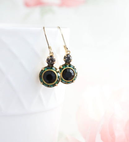 Art Deco Vintage Glass Earrings | Emerald Green & Jet Black
