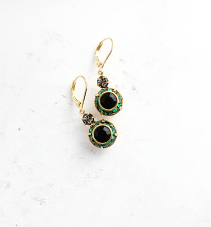 Art Deco Vintage Glass Earrings | Emerald Green & Jet Black