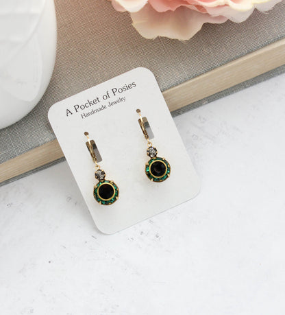 Art Deco Vintage Glass Earrings | Emerald Green & Jet Black