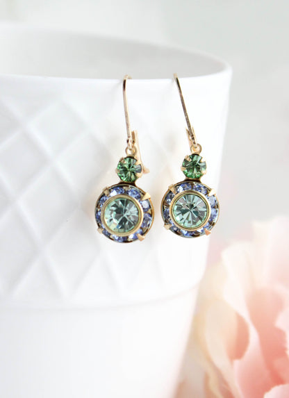 Art Deco Floral Earrings | Light Sapphire Blue & Peridot Green