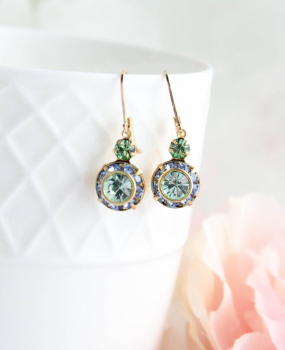 Art Deco Floral Earrings | Light Sapphire Blue & Peridot Green