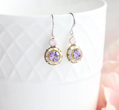 Art Deco Floral Earrings | Rose Opal and Violet Purple Glass