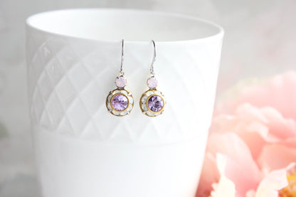 Art Deco Floral Earrings | Rose Opal and Violet Purple Glass