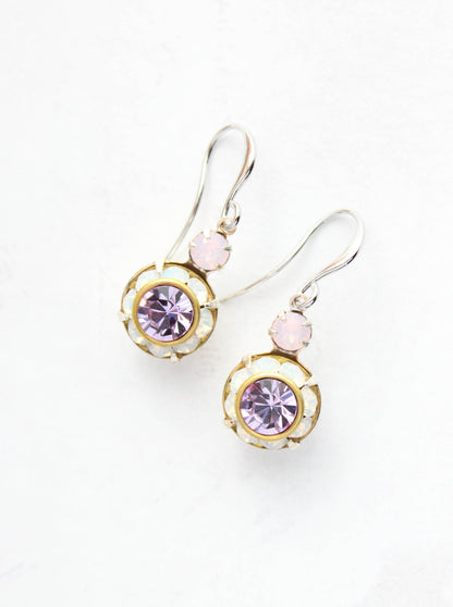 Art Deco Floral Earrings | Rose Opal and Violet Purple Glass