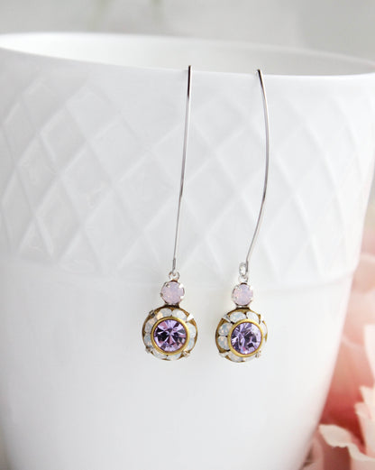 Art Deco Floral Earrings | Rose Opal and Violet Purple Glass