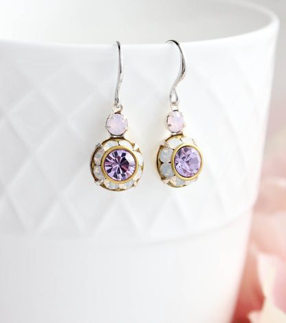 Art Deco Floral Earrings | Rose Opal and Violet Purple Glass