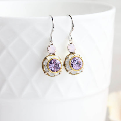 Art Deco Floral Earrings | Rose Opal and Violet Purple Glass