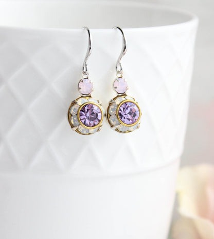 Art Deco Floral Earrings | Rose Opal and Violet Purple Glass
