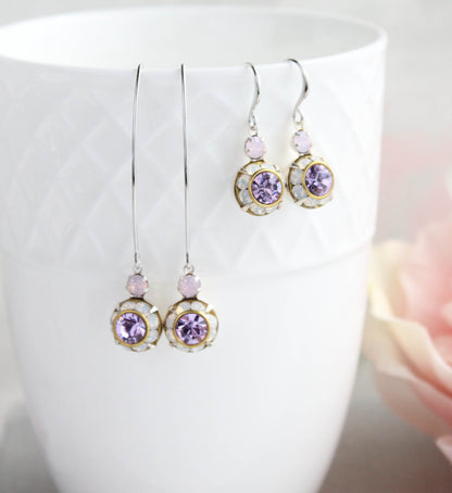 Art Deco Floral Earrings | Rose Opal and Violet Purple Glass