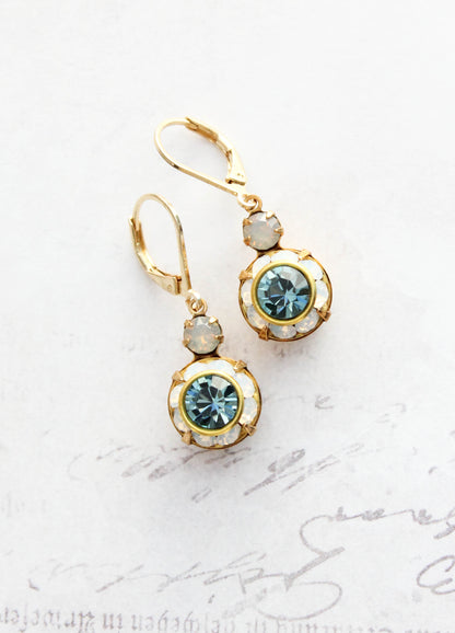 Art Deco Floral Earrings | White Opal & Dusty Blue Sapphire