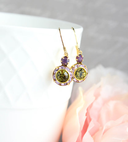 Art Deco Earrings | Violet Purple & Olivine Green