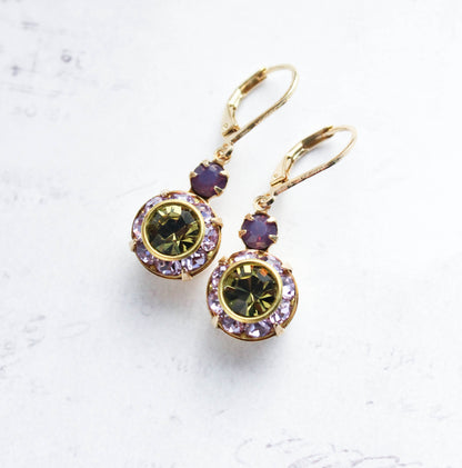 Art Deco Earrings | Violet Purple & Olivine Green