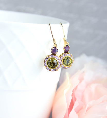 Art Deco Earrings | Violet Purple & Olivine Green