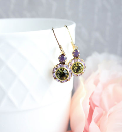 Art Deco Earrings | Violet Purple & Olivine Green