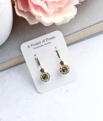 Art Deco Earrings | Violet Purple & Olivine Green