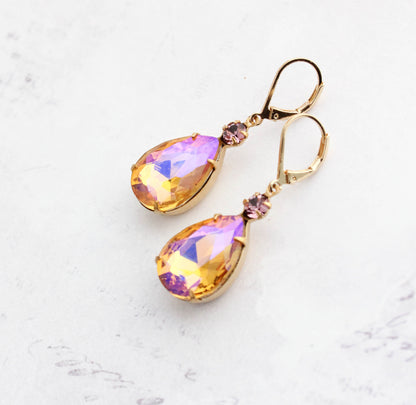 Aurora Glass Teardrop Earrings | Rose Pink & Honey Topaz