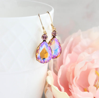 Aurora Glass Teardrop Earrings | Rose Pink & Honey Topaz