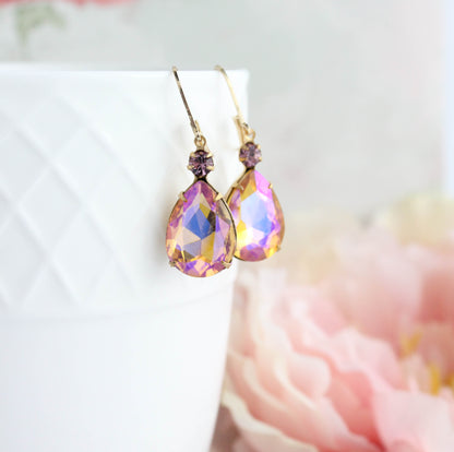 Aurora Glass Teardrop Earrings | Rose Pink & Honey Topaz