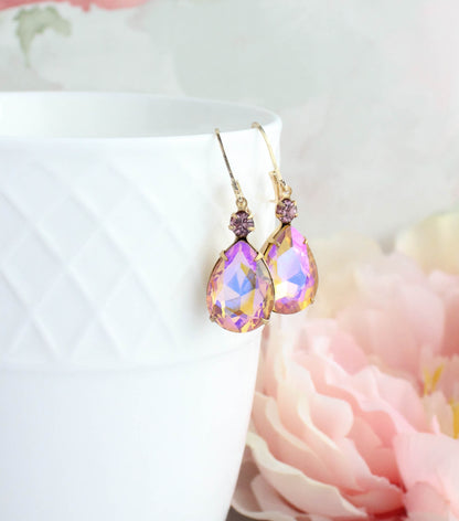 Aurora Glass Teardrop Earrings | Rose Pink & Honey Topaz