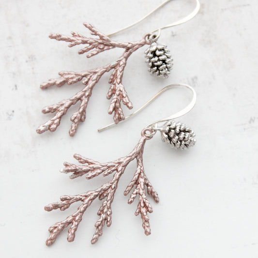 Cedar Branch Earrings | Rose Gold Patina with Silver Pine Cone