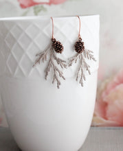Load image into Gallery viewer, Cedar Branch Earrings | Sandstone Patina w antiqued rose gold cones