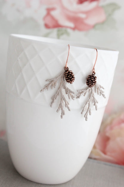 Cedar Branch Earrings | Sandstone Patina w antiqued rose gold cones