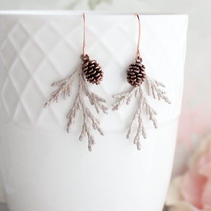 Cedar Branch Earrings | Sandstone Patina w antiqued rose gold cones