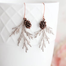 Load image into Gallery viewer, Cedar Branch Earrings | Sandstone Patina w antiqued rose gold cones