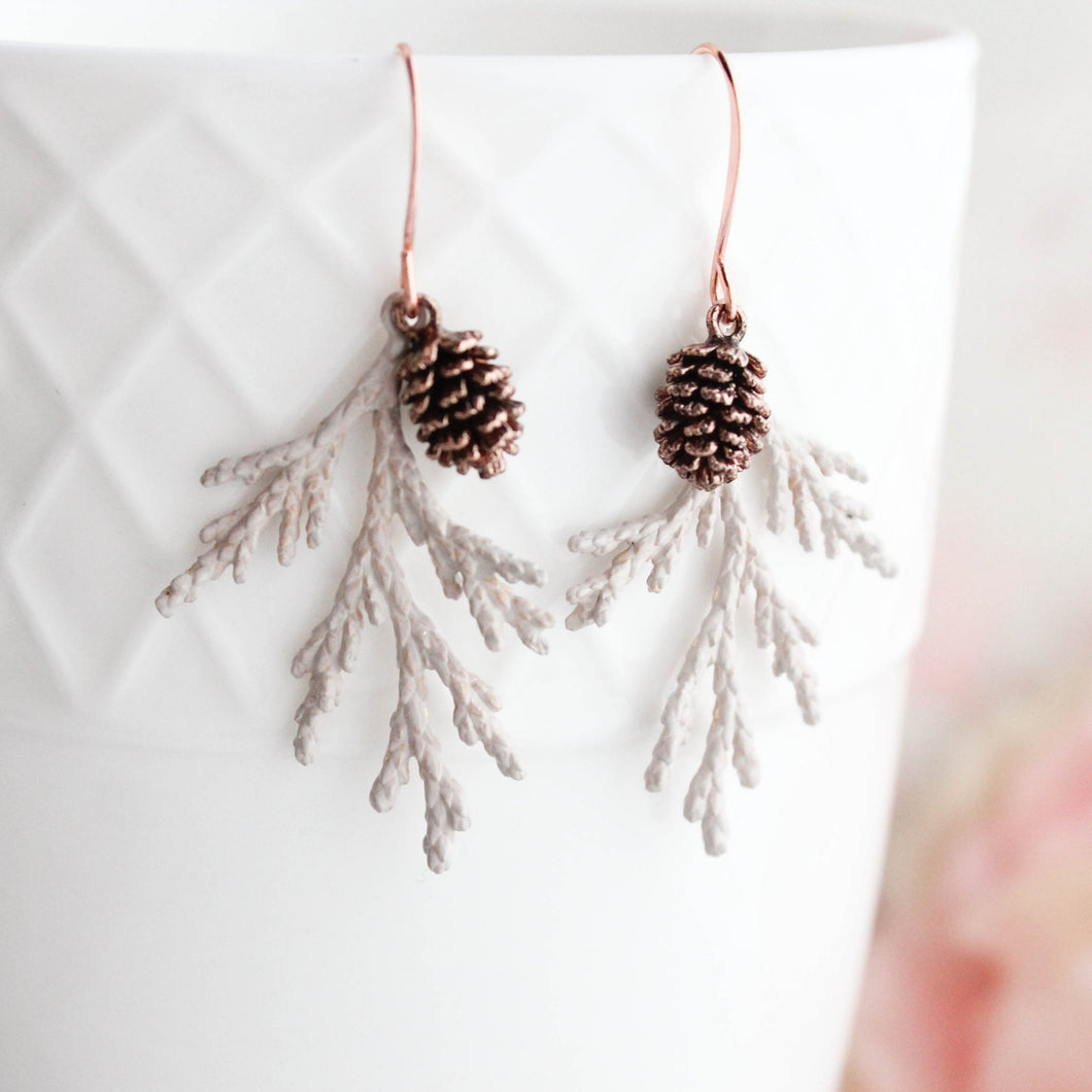 Cedar Branch Earrings | Sandstone Patina w antiqued rose gold cones