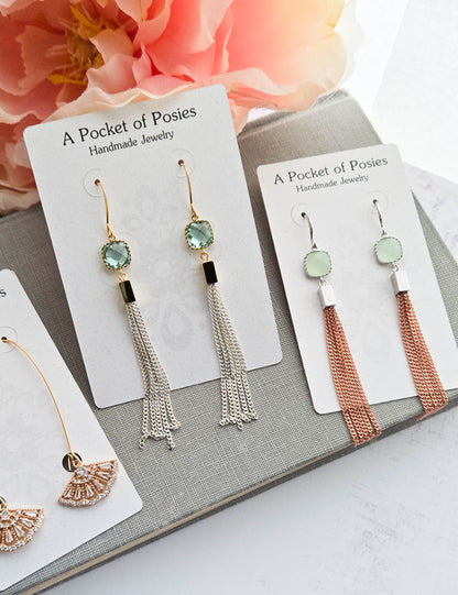 Long Chain Earrings | Aqua Glass and Ivory Gold Chain