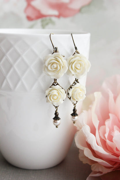 Long Cream Rose Earrings with pearl drops