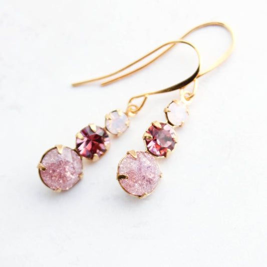 Three Jewel Drop Earrings - Light plum amethyst glass