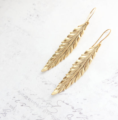 Long Leaf Earrings - Matte Gold