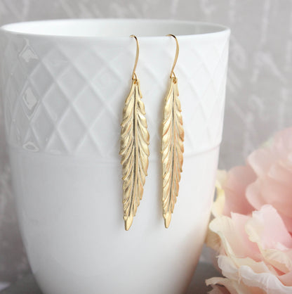 Long Leaf Earrings - Matte Gold