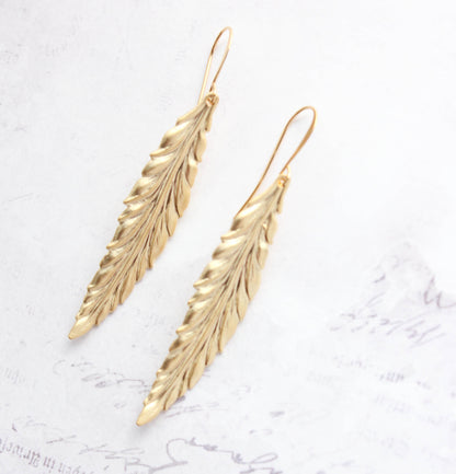 Long Leaf Earrings - Matte Gold