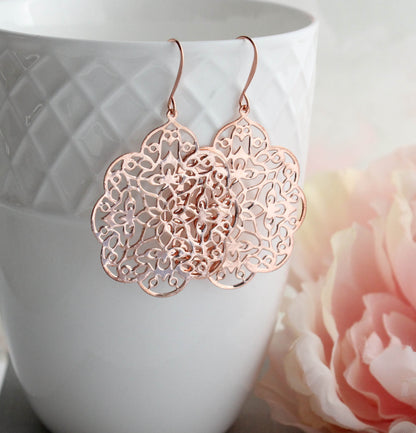Lacy Filigree Earrings - Rose Gold