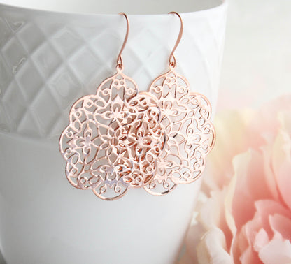 Lacy Filigree Earrings - Rose Gold