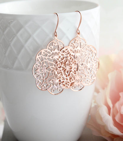 Lacy Filigree Earrings - Rose Gold