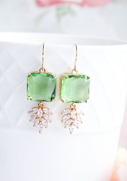 Art Deco Earrings | Glass Leaf Drops | Green