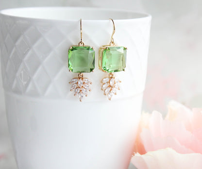 Art Deco Earrings | Glass Leaf Drops | Green