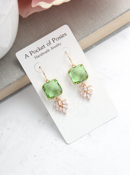 Art Deco Earrings | Glass Leaf Drops | Green