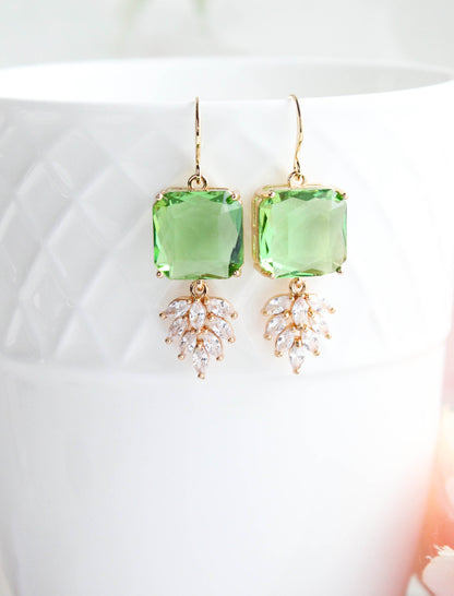 Art Deco Earrings | Glass Leaf Drops | Green