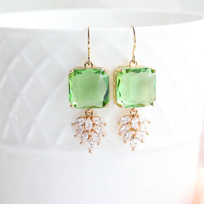 Art Deco Earrings | Glass Leaf Drops | Green
