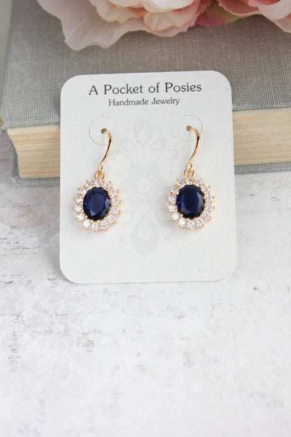 Sparkling Oval Glass Earrings | Dark Sapphire Blue