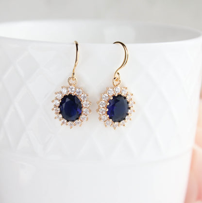 Sparkling Oval Glass Earrings | Dark Sapphire Blue
