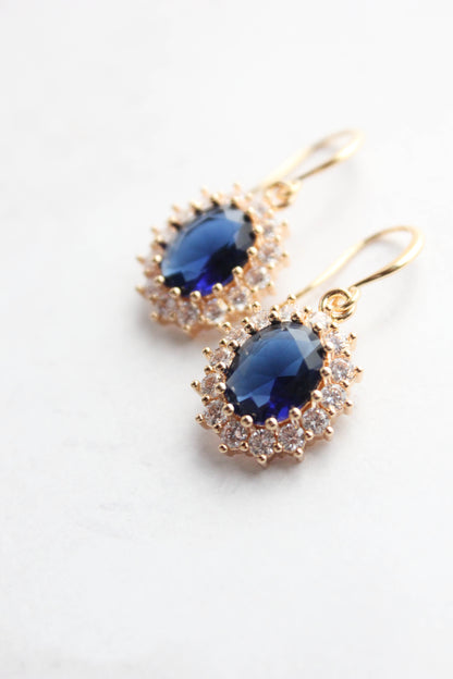 Sparkling Oval Glass Earrings | Dark Sapphire Blue