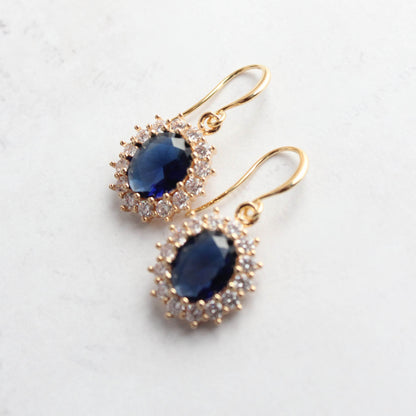 Sparkling Oval Glass Earrings | Dark Sapphire Blue