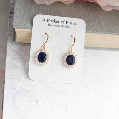 Sparkling Oval Glass Earrings | Dark Sapphire Blue
